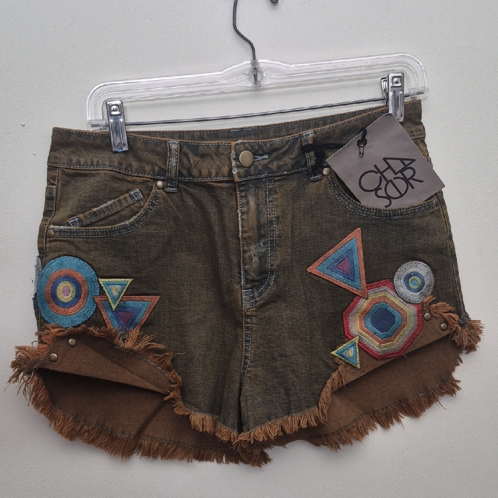 Chaser Brown Denim Shorts with Colorful Geometric Embroidery Size 30